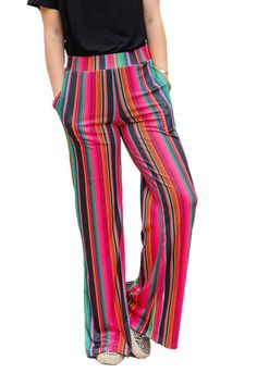 Multicolor High Waist Serape Print Wide Leg Pants Striped Stretch Wide Leg Pants, Striped Wide Leg Stretch Pants, Multicolor High-waisted Pants With Elastic Waistband, Multicolor High Waist Pants With Elastic Waistband, Casual Multicolor High Waist Wide Leg Pants, Striped Stretch Wide-leg Pants, Trendy Multicolor Full Length Bottoms, Multicolor Full Length Summer Bottoms, Casual Fitted Multicolor Wide Leg Pants