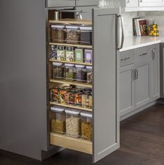 an organized pantry in the middle of a kitchen