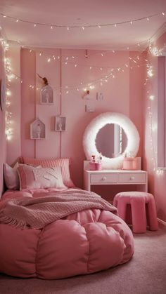 a bedroom with pink walls and lights on the ceiling, a round mirror above the bed