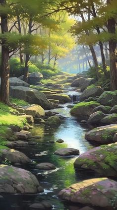 a painting of a stream running through a forest filled with green grass and large rocks