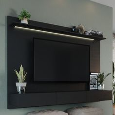 there is a tv on the wall in the living room with some plants and pictures