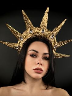 Photoshoots Crown Statue of Liberty Gold Structured Crown Headpiece For Festival, Gold Crown Costume Hat, Gold Teardrop Crown For Festival, Fantasy Crown Headpiece For Halloween, Fantasy Tall Crown For Halloween, Gold Fantasy Crown For Festival, Gold Fantasy Headpiece With Structured Crown, Gold Crown Costume Hat For Halloween, Gold Structured Crown Fantasy Headpiece