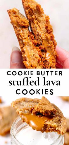 cookie butter stuffed lava cookies in a glass jar with the title overlay reading cookie butter stuffed lava cookies