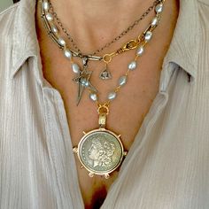 Large Silver Coin Pendant and Fresh Water Pearl Necklace — fickle fox co Victorian Style Medallion Coin Pendant Jewelry, Antique Gold Jewelry With Coin Pendant, Antique Gold Coin Pendant Jewelry, Collectible Coin-shaped Elegant Necklace, Elegant Antique Gold Jewelry With Coin Pendant, Elegant Antique Gold Coin Pendant Jewelry, Silver Necklaces With Coin Pendant For Vintage Collection, Antique Gold Jewelry With Coin Pendant For Collectors, Antique Gold Coin Pendant Jewelry For Collectibles