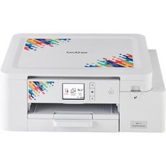 the printer is white and has colorful designs on it