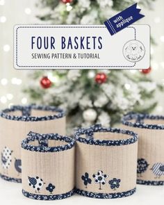 four blue and white flowered fabric cuff bracelets with the text four baskets sewing pattern and tutorial