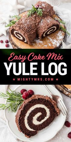 an easy cake mix yule log on a white plate