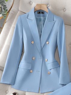 Elegant Double-breasted Career Suits, Office Lady Blazer With Lapel Collar, Office Lady Style Blazer With Suit Collar, Office Lady Blazer With Suit Collar, Office Lady Blazer With Notch Lapel, Elegant Career Suits With Pockets, Light Blue Notch Lapel Blazer For Office, Light Blue Notch Lapel Blazer For Formal Occasions, Light Blue Notch Lapel Suits For Work