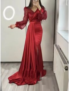 A-Line Evening Gown Sparkle & Shine Dress Formal Fall Court Train Long Sleeve V Neck Satin with Glitter Pleats Shine Dress, Gown Elegant, Evening Dresses Online, Cheap Evening Dresses, Dresses Quinceanera, Dresses Formal Elegant, Evening Gowns Elegant, Evening Dresses Cocktail, Dress Formal