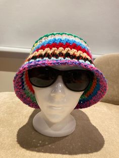 "Miu Miu inspired hand crocheted multicolored  bucket hat Size: S-M Crown: 7\" Width: 11.5\" Length: 9.5\" Very fun bucket hat, light and airy    Material:  100% acrylic" Trendy Multicolor Acrylic Hats, Multicolor Bucket Hat For The Beach, Multicolor Bucket Hat For Beach, Casual Multicolor Crochet Summer Hat, Handmade Playful Bucket Hat For Beach, Trendy Multicolor Crochet Hat One Size, Trendy Multicolor One-size Crochet Hat, Playful Handmade Bucket Hat For The Beach, Playful Handmade Bucket Hat For Beach