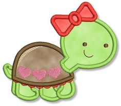 a green turtle with a red bow and hearts on it's head is shown