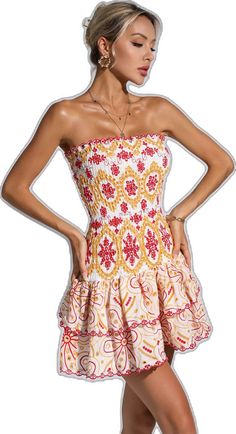 Strapless Flirty Dress With Smocked Back, Flirty Strapless Dress With Smocked Back, Bandeau Mini Dress With Smocked Back For Beach, Bandeau Sundress For Vacation, Red Bandeau Beach Dress, Beach Strapless Mini Dress With Smocked Bodice, Beach Style Mini Length Tube Top, Strapless Mini Dress With Smocked Bodice For Party, Vacation Strapless Mini Dress With Smocked Bodice