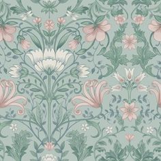 a floral wallpaper with pink and green flowers on blue background, in the style of william & elizabeth