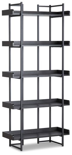 an open bookcase with four shelves on one side, and three smaller shelves on the other