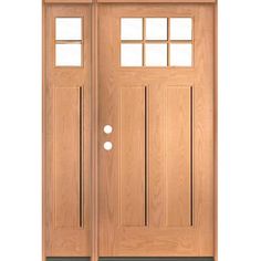 a wooden door with two sidelights on the top and bottom panel, in front of a white background