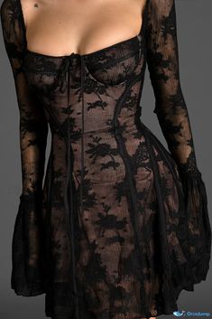 Petite Perfection: Mini Lace Dress with Bell Sleeve Black Dress Club Outfit Nightclub, Edgy Black Dress, Black Lace Sleeve Dress, Lace Clothes, Lace Dresses, Black Lace Dress, Dolce E Gabbana, Bell Sleeve Dress, Lace Mini Dress