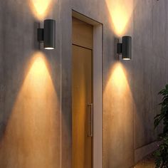 three lights that are on the side of a wall next to a potted plant