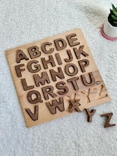 wooden letters and numbers are laid out on the floor next to a potted plant