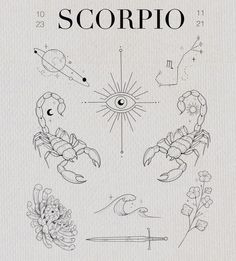 the cover of scorpio, with drawings of scorpions and other things on it