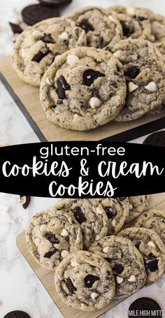 chocolate chip cookies and cream cookies on a cutting board with the words gluten - free cookies and cream cookies