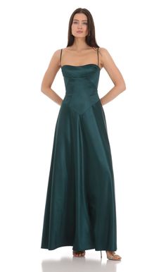 Satin Square Neck Maxi Dress in Green | LUCY IN THE SKY Satin Green Maxi Dress, Floor Length Green Dress, Berry Colored Dress, Satin Floral Maxi Dress, Slash Neck Dress, Dark Teal Dresses Formal, Emerald Green Bridesmaid Dresses Summer, Long Green Formal Dress, Old Money Formal Dress