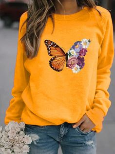 Flower Butterfly Print Long Sleeve Sweatshirt for Women Yellow Crew Neck Sweatshirt For Spring, Long Sleeve Cotton Tops With Butterfly Print, Long Sleeve Tops With Butterfly Print For Fall, Spring Butterfly Print Long Sleeve Tops, Spring Long-sleeve Tops With Butterfly Print, Spring Long Sleeve Tops With Butterfly Print, Spring Crew Neck Top With Butterfly Print, Vintage Dragonfly, Butterfly And Flower