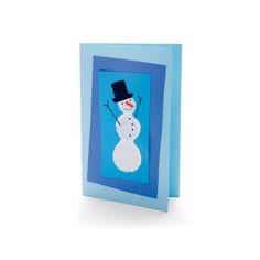 a blue card with a snowman wearing a top hat and holding a cane in his hand