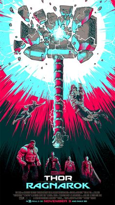 the poster for thor ragnarok is shown in red, blue and pink colors