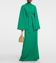 Crepe Maxi Dress in Green - Safiyaa | Mytheresa Pre-draped Green Evening Dress, Green Silk Maxi Dress For Evening, Elegant Floor-length Green Gown, Green Silk Floor-length Dress, Green Silk Maxi Dress For Gala, Chic Crepe Maxi Dress, Green Pre-draped Maxi Dress, Fitted Maxi Gown With Draped Sleeves, Chic Floor-length Gown With Draped Sleeves