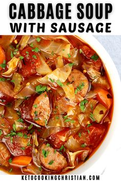 cabbage soup with sausage in a white bowl