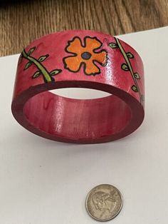 Vintage Swinging ‘60’s Hippy Flower Power Wide Wood Bangle Bracelet 7” #Boho | eBay Hippie Style Bangle Bracelets As Gifts, 70s Accessories Jewelry Hippie, Hippie Adjustable Bangle Bracelet, 70s Bracelets Vintage, Vintage Multicolor Festival Bangle, Flower Power Fashion, 70s Jewelry, Hippie Flowers, Neon Orange