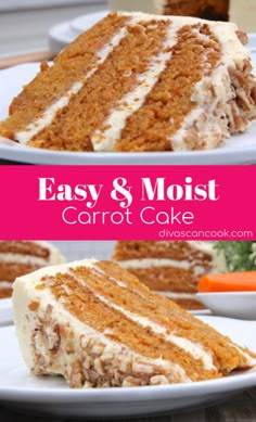 carrot cake with cream cheese frosting on top and the words easy & moist carrot cake above it