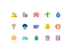 an image of different colored icons on a white background, including cars and people in the distance