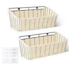 two white wicker baskets sitting next to each other