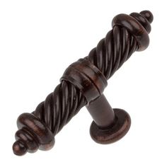 a close up of a wooden door handle with twisted rope on the front and side