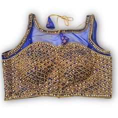 Mirror and Stonework Saree Blouse -  Blue Elegant Embellished Blue Blouse Piece, Elegant Blue Blouse With Mirror Work, Embellished Blue Choli, Blue Embellished Blouse Piece For Festivals, Traditional Embellished Blue Blouse, Blue Embroidered Top For Reception, Festival Embellished Blue Blouse Piece, Festive Blue Embellished Blouse, Festive Embellished Blue Blouse