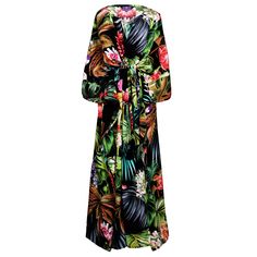 Get ready for the tropics!!! Our Black Botanica Italian silk maxi kaftan dress is the quintessential tropical print! Bold and daring in its essence, you can wear this maxi dress anywhere you want to brighten people's days! On vacation it is perfect or wear it anytime that you want to feel like you are on vacation! This dress is guaranteed to make everyone smile, mostly she who wears it. It is luxurious, comfortable, and inimitable! Our Italian silk crepe is of the highest quality available, and Beach Season Printed Maxi Dress With Kimono Sleeves, Green Maxi Dress With Floral Print And Kimono Sleeves, Tropical Style Spring Maxi Dress, Tropical Printed Maxi Dress For Spring, Tropical Maxi Length Dress With Floral Print, Tropical Maxi Dress For Spring, Spring Tropical Printed Maxi Dress, Tropical Flowy Floral Print Maxi Dress, Tropical Spring Maxi Dress Beach Cover-up