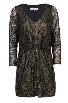 Current Boutique-Trina Turk - Gold & Black Metallic Floral Lace Dolman Sleeve Dress Sz 8 Fitted Gold Lace Dress, Elegant Gold Fitted Lace Dress, Elegant Fitted Gold Lace Dress, Gold Lace Dress For Party, Gold Mini Dress For Festive Formal Occasions, Festive Gold Mini Dress For Formal Events, Elegant Lace Mini Dress For Party Season, Glamorous Dresses With Lace Sleeves For Night Out, Elegant Gold Holiday Dress