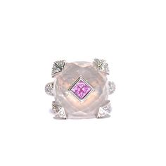 18k Diamond, Pink Sapphire & Rose Quartz Ring * Faceted Rose Quartz Center Stone With Pink Sapphire Accent (Princess Cut) * 18k White Solid Gold * Natural Diamond Weight: 0.41 Cts * H-I Color Si Clarity * Face Measurement: 15mm X 15mm * Gold Wt: 10.9 Grams * Size: Us 5 Luxury Jewelry With Rose Cut Diamonds And Pink Sapphire, Luxury Pink Sapphire Rings With Single Cut Diamonds, Luxury Pink Platinum Rings, Luxury Pink Sapphire Ring In White Gold, Designer Pink Jewelry For Formal Occasions, Luxury Pink Sapphire Diamond-cut Jewelry, Luxury Pink Sapphire Jewelry With Diamond Cut, Luxury Morganite Jewelry In White Gold, Luxury White Gold Morganite Jewelry