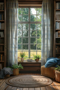 a living room with bookshelves and a window