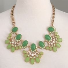 From J. Crew- Rare, Vintage Piece; Beautiful Statement Necklace In Gorgeous Shades Of Soft Green (Darker Green Looks Like Jade). This Stunning Necklace Is A Head Turner! -Bib Statement Necklace With Crystal And Stone Fan Detail -Green Cabochons With Clear Rhinestone Crystals -Beautiful Simulated Gemstones -Goldtone Finish -Length: 18” -Lobster Claw Closure -Condition: New With Tag, Excellent Condition, No Flaws -Comes In A Beautiful Gift Bag- Perfect For Gifting A Loved One Or Treat Yourself! Re Elegant Green Necklace For Spring, Spring Party Green Necklaces, Tortoise Shell Jewelry, Vintage Rhinestone Necklace, J Crew Vintage, Crystals Beautiful, J Crew Necklace, Statement Bib Necklace, Flower Crystal