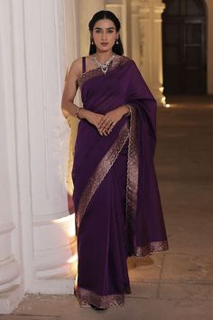 Jamuni purple saree crafted in moonga silk with gold toned mughal fleur woven detail along the scallop border. Paired with a strap sleeves square neck blouse. - Aza Fashions Scallop Border, Purple Saree, Border Saree, Back Neck Designs, Georgette Blouse, Violet Color, Utsav Fashion, Net Saree, Art Silk Sarees