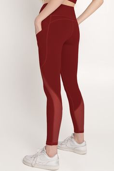 With a supportive high-waist, full-length style, and second-skin fit, our functional Maroon Red leggings will become a go-to piece in your active closet. They feature a built-in elastic band that stays put and two side pockets for all your essentials. Breathable mesh inserts add a chic edge and provide an airy performance. Cut from high-quality, 4-way-stretchy fabric, these versatile yoga pants are lightweight and buttery soft to the touch. Squat proof and moisture-wicking, they allow intensive movement with ease. Perfect for the studio, running, hiking, and various sweat sessions. Match with a strappy top for a cute head-to-toe look. Buttery-soft. Feels like a second skin. 4-way stretch that moves with you. Stay in place. Not sliding down! Opaque fabric. Not see-through! Care and Details Mommy And Me Swimwear, Sporty Crop Top, Neon Dresses, Sport Bikinis, Girls Lace Dress, Mommy And Me Dresses, Girls Unique, Red Leggings, Strappy Top