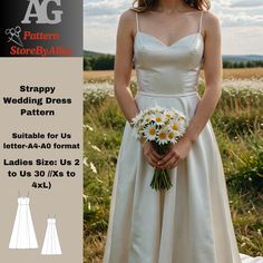 a woman in a wedding dress with daisies on her hand and the text, strappy wedding dress pattern suitable for us