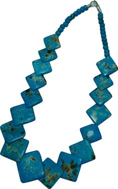 Costume jewelry in bone. Necklace turquoise, summer colored jewelry.  Lead free, a turquoise colored necklace with polished square pieces of artificial bone overlapping each other, necklace measures 20". Handmade Blue Turquoise Necklace For Summer, Elegant Blue Turquoise Necklace For Beach, Casual Turquoise Jewelry With Natural Stones, Unique Blue Jewelry For Summer, Unique Blue Summer Jewelry, Turquoise Beaded Jewelry For Vacation, Bohemian Blue Rectangular Necklace, Unique Blue Jewelry For The Beach, Adjustable Blue Necklace For Vacation