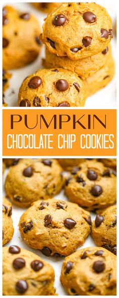 pumpkin chocolate chip cookies stacked on top of each other with text overlay that reads pumpkin chocolate chip cookies