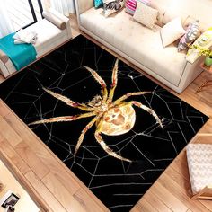 a living room with a spider rug on the floor