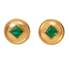 24k gold plated circle clip on earrings with green square czech glass stone Gold Clip-on Earrings With Gemstone, Green Round Gold-plated Earrings, Green Gold-plated Round Earrings, Green Gold Plated Round Earrings, Gold Cabochon Earrings For Anniversary, Vintage Gold Earrings For May Birthstone, Classic Green Clip-on Earrings, Gold Gemstone Earrings For Formal Occasions, Vintage Gold Gemstone Earrings