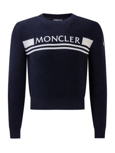 Blue long-sleeved sweater. Crew neck. Ribbed collar, cuffs and hem. Moncler logo embroidered on the front. Logo patch on the sleeve.Composition: Outside:, 100% Cotton Cotton Long Sleeve Sweater With Logo, Long Sleeve Cotton Sweater With Logo Detail, Long Sleeve Cotton Sweatshirt With Logo, Long Sleeve Tops With Logo Detail For Fall, Fall Long Sleeve Tops With Logo Detail, Blue Crew Neck Sweater With Logo Detail, Winter Logo Long Sleeve Sweatshirt, Winter Sweatshirt With Logo And Long Sleeves, Winter Long Sleeve Sweatshirt With Logo Detail