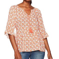 Margaritaville Size Xs Floral Pleasant Boho Blouse 100% Rayon Beach Rayon Tops With Relaxed Fit, Relaxed Fit Rayon Beach Tops, Relaxed Fit Rayon Tops For Beach, Casual Rayon Blouse For Beach, Orange Relaxed Fit Blouse For Vacation, Orange Long Sleeve Top For Beach Season, Casual Floral Print Blouse For Beach Season, Long Sleeve Orange Tops For Beach Season, Beach Rayon Blouse Relaxed Fit